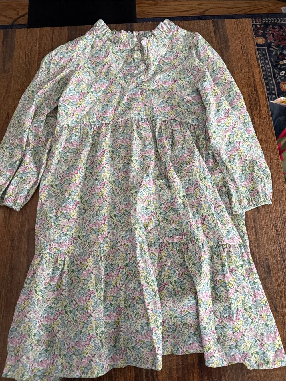 Little English Floral Tiered Long-Sleeve Dress in Pink, Green & Cream